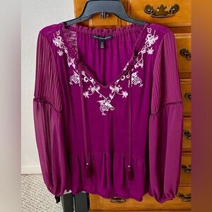 White House Black Market Purple Embroidered Blouse XS